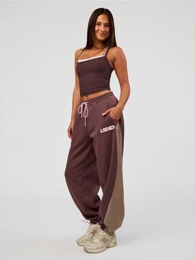 LSKD Power Play Stitch Up Fleece Sweat Pant In Cocoa Powder/Marshmallow NWT
